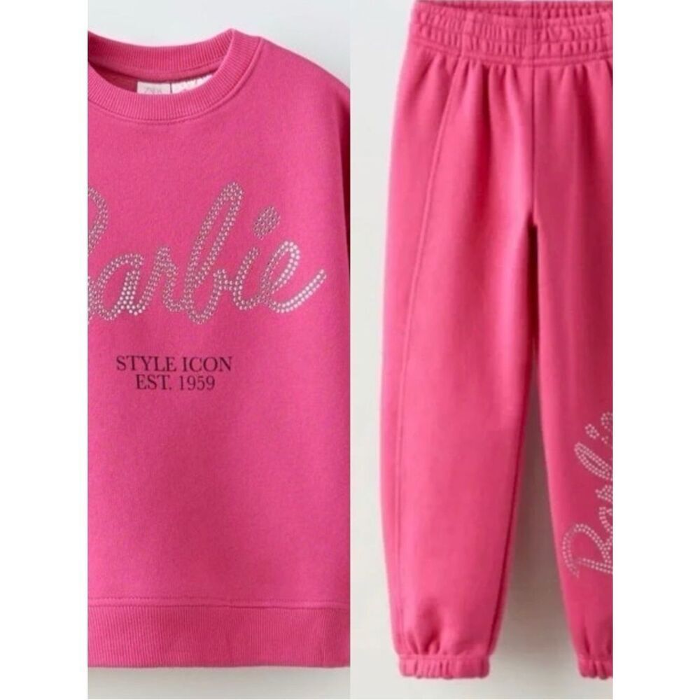 Zara Barbie Theme Hot Pink Gem Accent Sweatsuit Sz 6-7